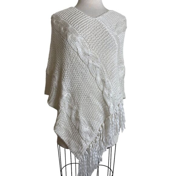 XOXO Sweaters - XOXO knit Ivory sweater poncho wrap with fringe loose knit cover up